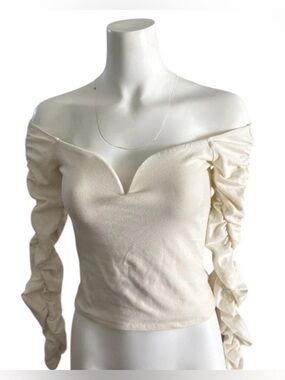 Reformation Aloura Knit Scrunch Top Ivory Long Sleeve Size S Made In USA